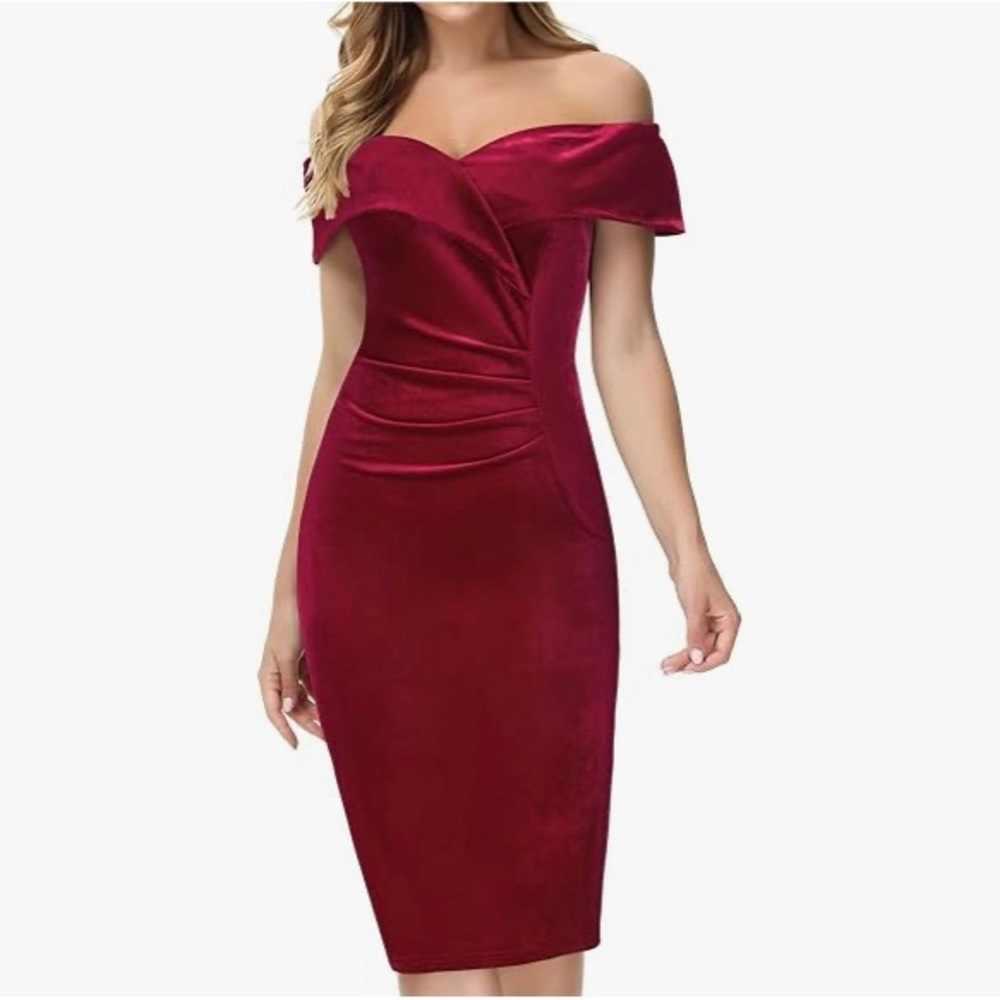 Women's Off Shoulder V Neck Ruched Bodycon Midi Elegant Cocktail Party Dress